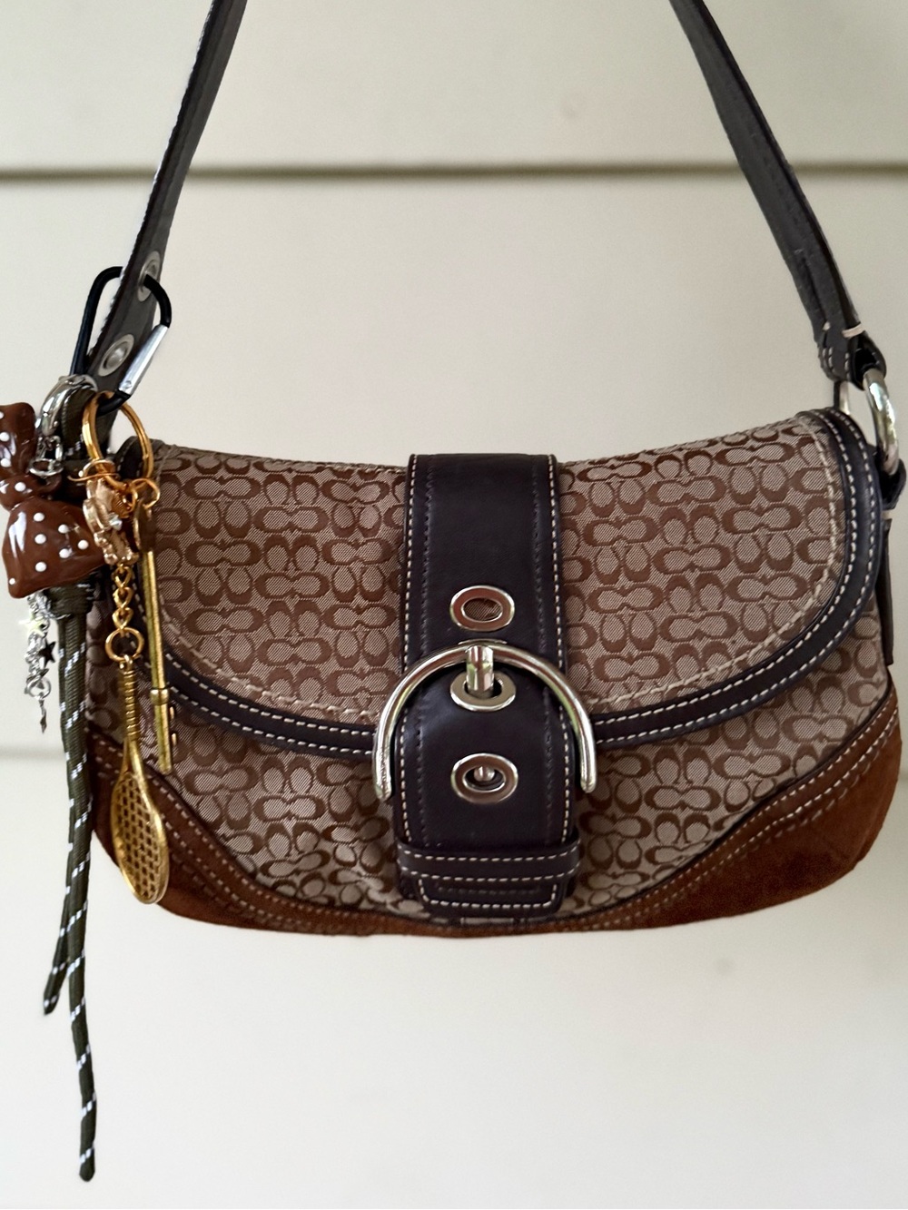 Coach Brown Signature Canvas Shoulder Bag with Dark Brown Trim